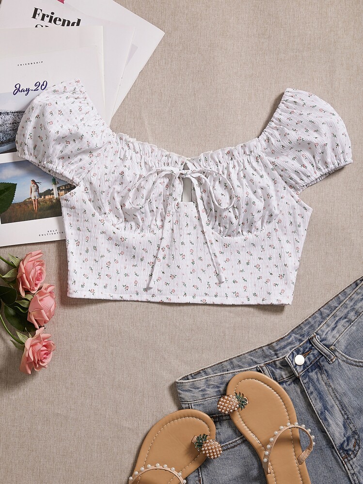 Áo nữ Dây kéo Thắt nơ trước Nếp gấp Phần Ngực Họa tiết hoa Boho - trắng - Xem 1