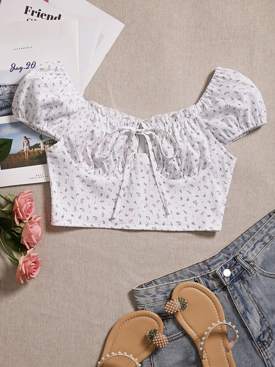 Áo nữ Dây kéo Thắt nơ trước Nếp gấp Phần Ngực Họa tiết hoa Boho - trắng - Xem 1