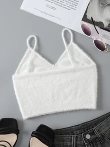 INAWLY 素色短款絨毛針織上衣 - 白色 - 查看 2