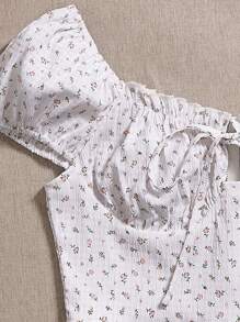 Áo nữ Dây kéo Thắt nơ trước Nếp gấp Phần Ngực Họa tiết hoa Boho - trắng - Xem 3