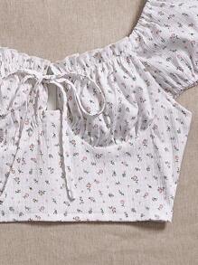 Áo nữ Dây kéo Thắt nơ trước Nếp gấp Phần Ngực Họa tiết hoa Boho - trắng - Xem 4