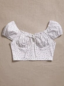 Áo nữ Dây kéo Thắt nơ trước Nếp gấp Phần Ngực Họa tiết hoa Boho - trắng - Xem 5