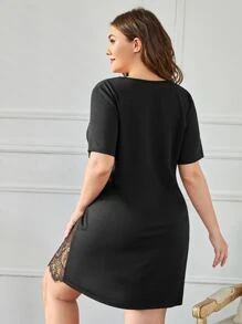 Plus Eyelash Lace Panel Night Dress - Black - View 2
