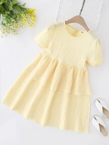 Girls Puff Sleeve Two Layer Hem Dress - Yellow - View 1