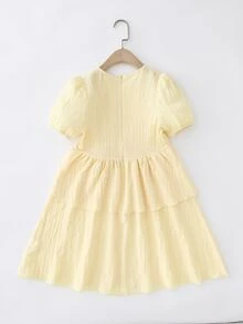 Girls Puff Sleeve Two Layer Hem Dress - Yellow - View 2