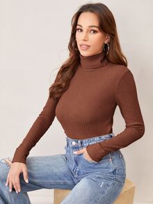 SHEIN Áo thun nữ màu trơn Cơ bản - màu nâu - Xem 3
