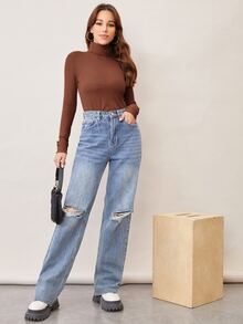 SHEIN Áo thun nữ màu trơn Cơ bản - màu nâu - Xem 4