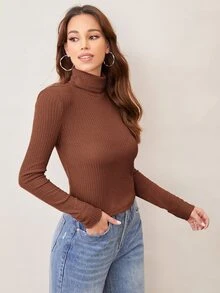 SHEIN Áo thun nữ màu trơn Cơ bản - màu nâu - Xem 5