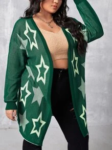 Áo khoác cardigan hở vai họa tiết ngôi sao cỡ lớn - màu xanh lá - Xem 1