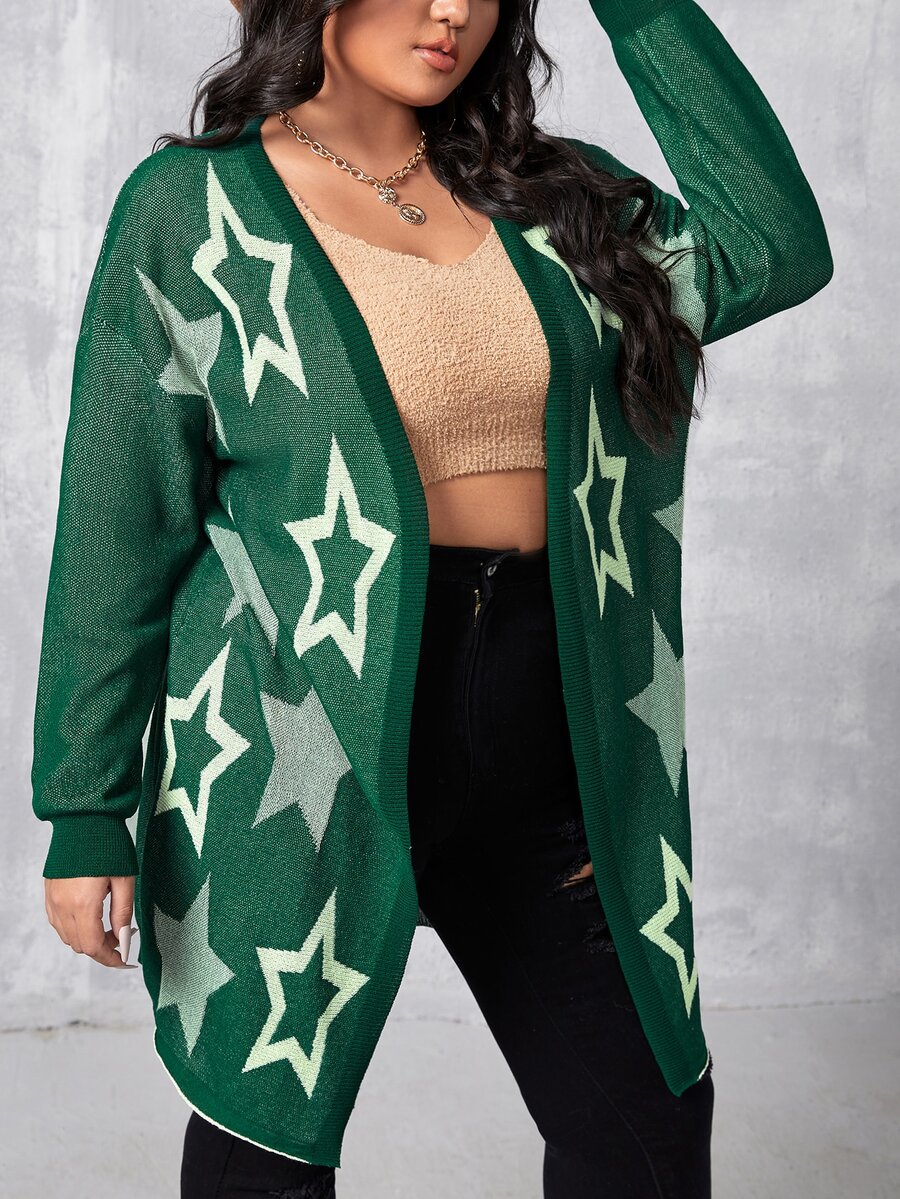 Áo khoác cardigan hở vai họa tiết ngôi sao cỡ lớn - màu xanh lá - Xem 1