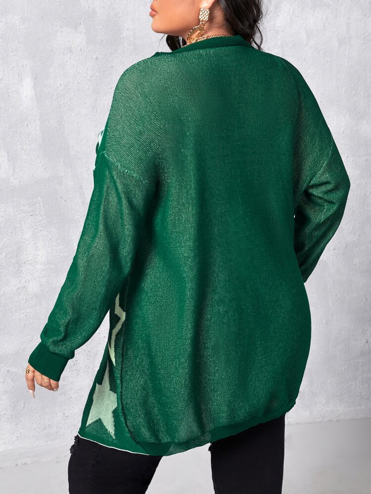 Cárdigan de talla grande con estampado de estrellas y hombros caídos - Verde - Añade 2