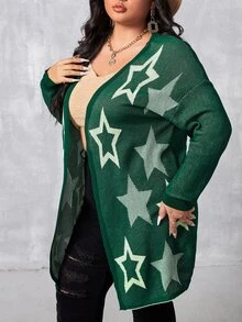 Áo khoác cardigan hở vai họa tiết ngôi sao cỡ lớn - màu xanh lá - Xem 3