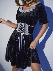 荷葉邊腰部綁帶絲絨洋裝不附頸鏈 - 黑色 - 查看 6