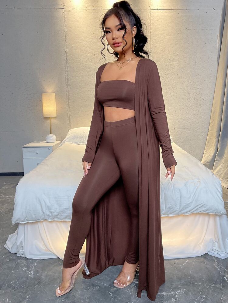 SHEIN SXY Open Front Coat & Tube Top & Leggings - Chocolate Brown - View 5
