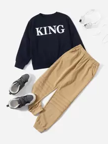 SHEIN Niños Pantalones deportivos con pullover de hombros caídos con patrón de letra - Multicolor - Ver 1