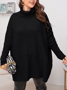SHEIN Clasi Plus Turtleneck Batwing Sleeve Jumper - Black - View 4