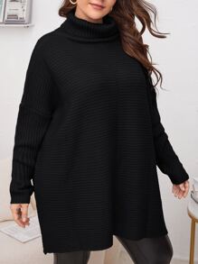 SHEIN Clasi Plus Turtleneck Batwing Sleeve Jumper - Black - View 5