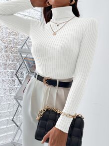 RueChic Jersey de cuello tortuga tejido de canalé ropa de trabajo - Blanco - Ver 3