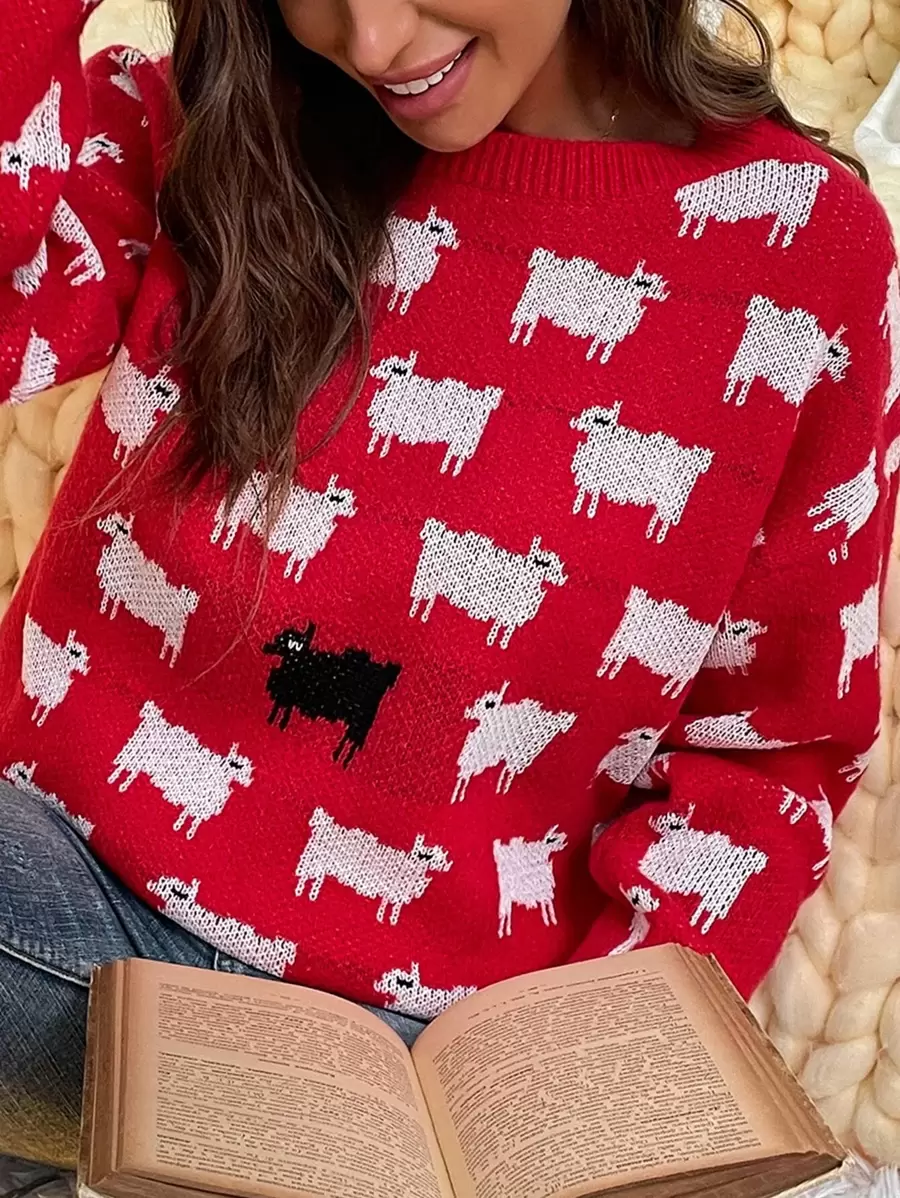 Drop Shoulder Allover Sheep Pattern Colourblock Jumper - Multicolor - View 1