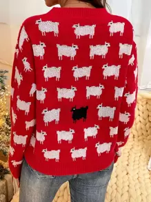 Drop Shoulder Allover Sheep Pattern Colourblock Jumper - Multicolor - View 2
