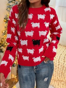 Drop Shoulder Allover Sheep Pattern Colourblock Jumper - Multicolor - View 4