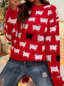 Drop Shoulder Allover Sheep Pattern Colourblock Jumper - Multicolor - View 5