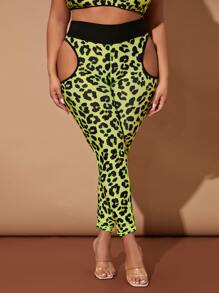大碼四向拉伸豹紋鏤空運動打底褲 - 彩色 - 查看 1