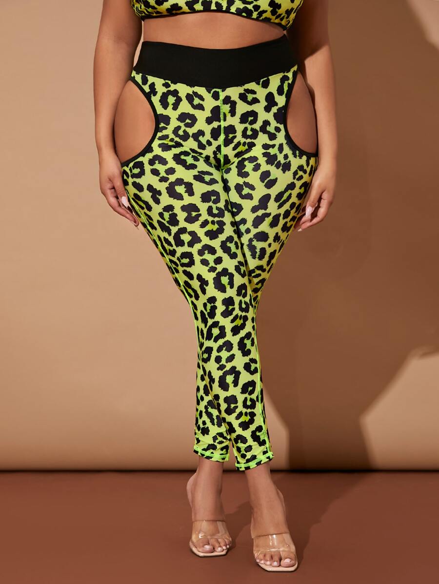 大碼四向拉伸豹紋鏤空運動打底褲 - 彩色 - 查看 1