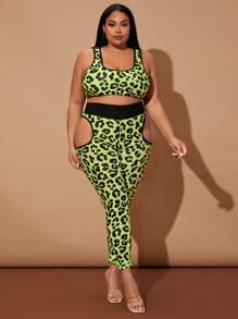 大碼四向拉伸豹紋鏤空運動打底褲 - 彩色 - 查看 3