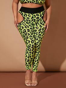 大碼四向拉伸豹紋鏤空運動打底褲 - 彩色 - 查看 4