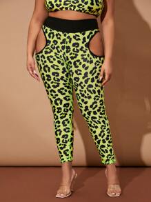 大碼四向拉伸豹紋鏤空運動打底褲 - 彩色 - 查看 5