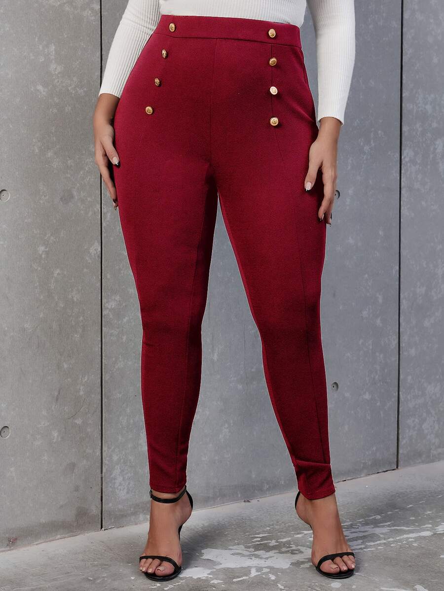 SHEIN Allurite Pantalones ajustados de talle alto con diseño de botón - Burdeos - Ver 1