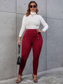 SHEIN Allurite Pantalones ajustados de talle alto con diseño de botón - Burdeos - Ver 3