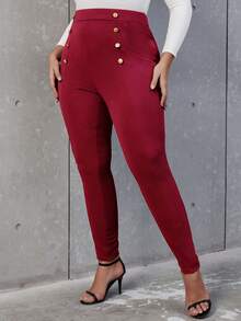 SHEIN Allurite Pantalones ajustados de talle alto con diseño de botón - Burdeos - Ver 4