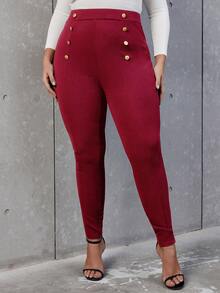 SHEIN Allurite Pantalones ajustados de talle alto con diseño de botón - Burdeos - Ver 5