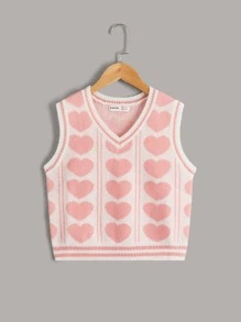 SHEIN Girls Heart Pattern Sweater Vest - Baby Pink - View 1