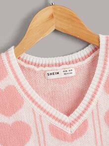 SHEIN Girls Heart Pattern Sweater Vest - Baby Pink - View 3