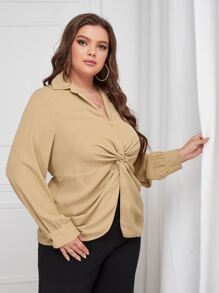 Áo sơ mi Plus Size xoắn lại màu trơn Giải trí - Màu Khaki - Xem 1
