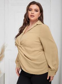 Áo sơ mi Plus Size xoắn lại màu trơn Giải trí - Màu Khaki - Xem 3