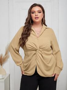 Áo sơ mi Plus Size xoắn lại màu trơn Giải trí - Màu Khaki - Xem 5