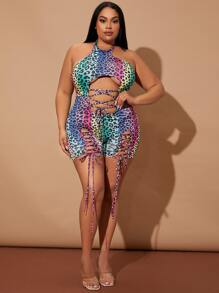 Plus Breathable Leopard Cut Out Lace-up Backless Sports Romper - Multicolor - View 1