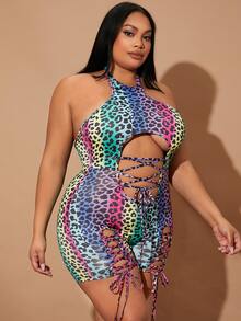 Plus Breathable Leopard Cut Out Lace-up Backless Sports Romper - Multicolor - View 4