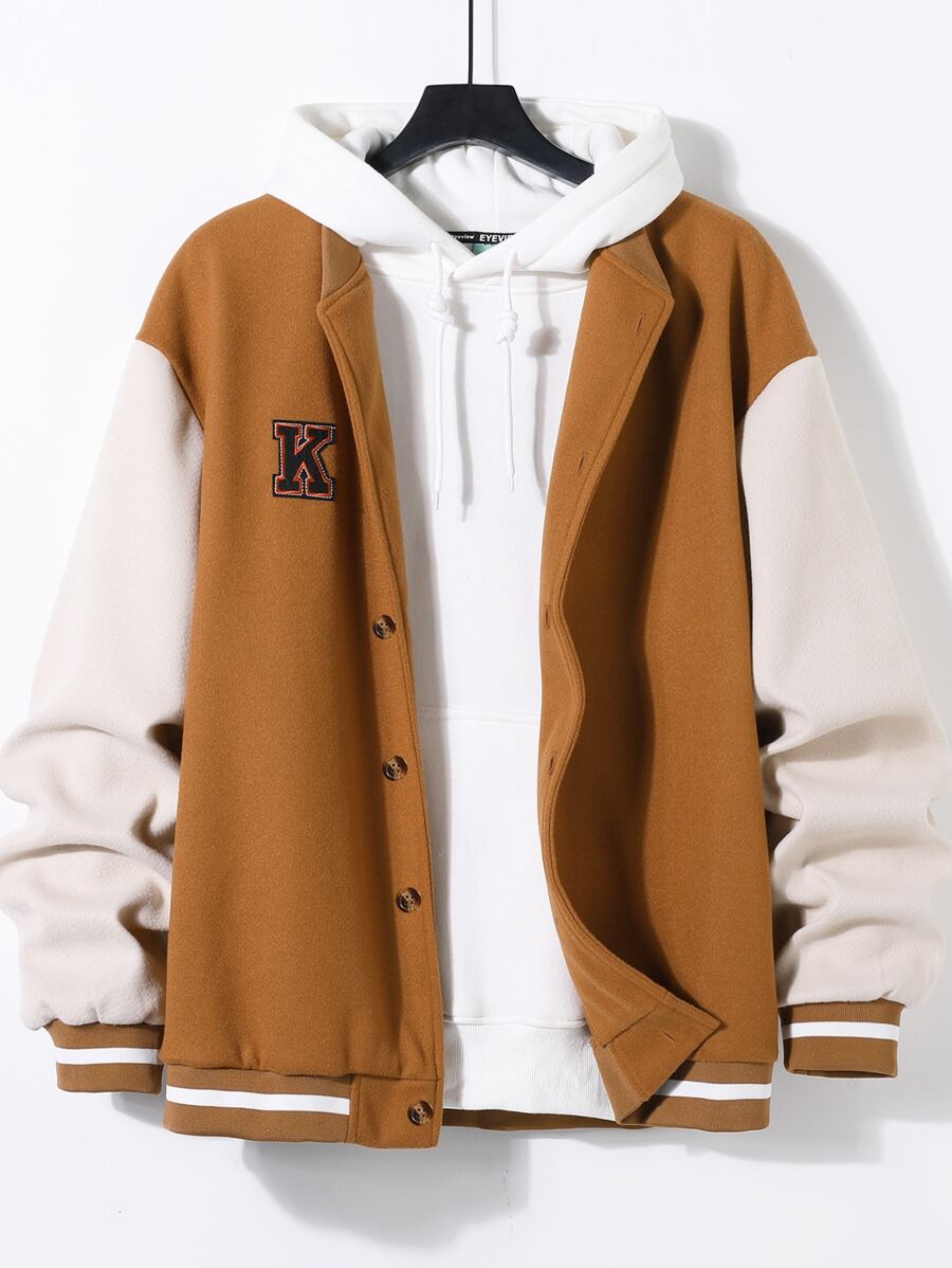 Manfinity 男士撞色字母刺繡學院風夾克不附連帽衫 - 彩色 - 查看 1