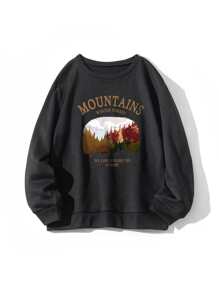 SHEIN EZwear Áo nỉ Đồ họa cây & khẩu hiệu Lót nhiệt - màu đen - Xem 1