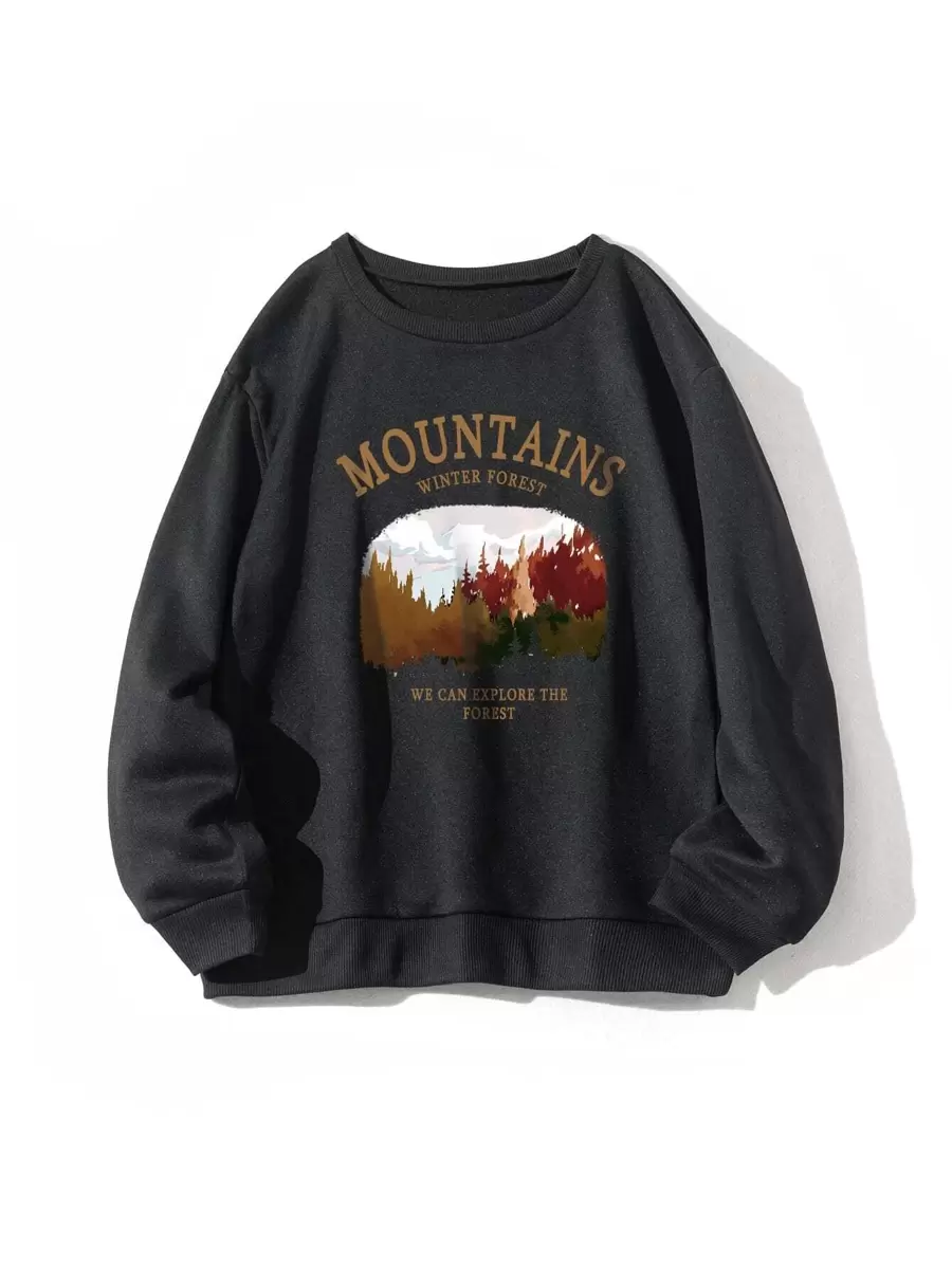 SHEIN EZwear Áo nỉ Đồ họa cây & khẩu hiệu Lót nhiệt - màu đen - Xem 1