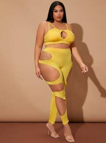 Plus Breathable Cut Out Sports Set - Yellow - View 3