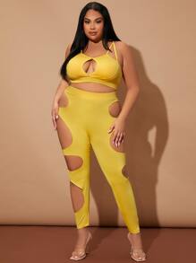 Plus Breathable Cut Out Sports Set - Yellow - View 5