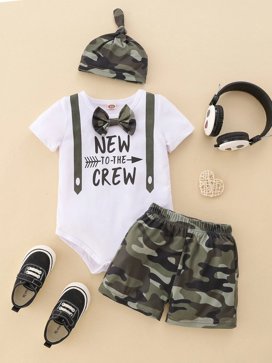 Baby Boy Letter And Camo Print Bow Front Bodysuit & Shorts With Hat - Multicolor - View 1