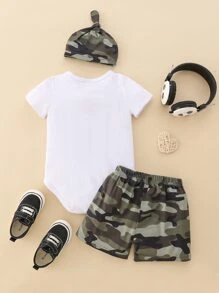 Baby Boy Letter And Camo Print Bow Front Bodysuit & Shorts With Hat - Multicolor - View 2