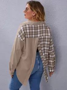 SHEIN LUNE Hơn Áo sơ mi Kẻ sọc Nối Tách rời - Màu Khaki - Xem 1